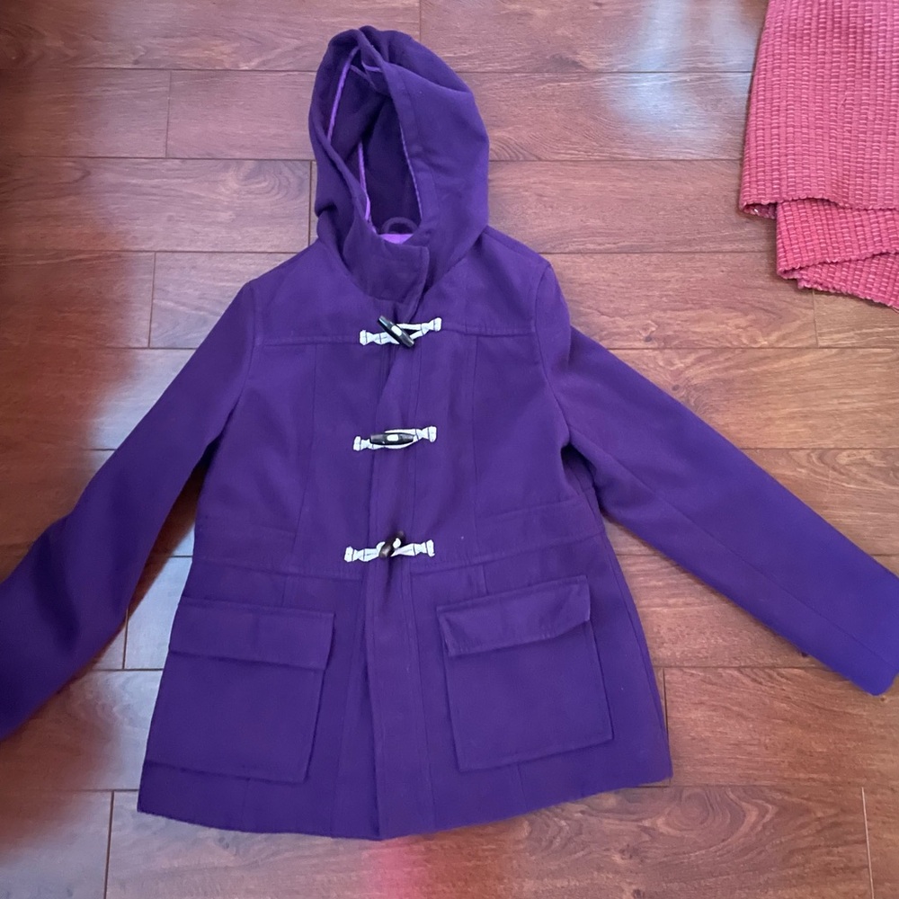 Purple Pea Coat with Hood and Warm Wool-like Material